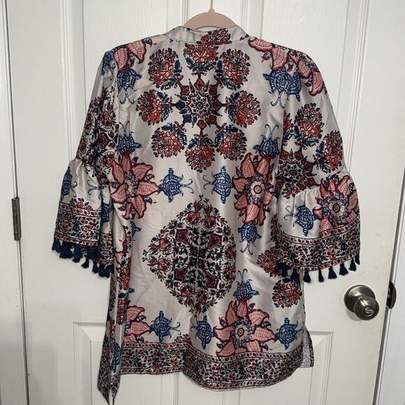 Anthropologie Jade multicolored floral Tunic w Mandarin Collar& tasseled sleeves - Picture 6 of 7